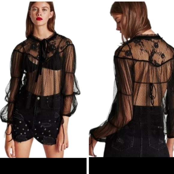 Tops - Embroidered sheer Tulle Top Witchy Whimsigoth velvet Bow Black Size L